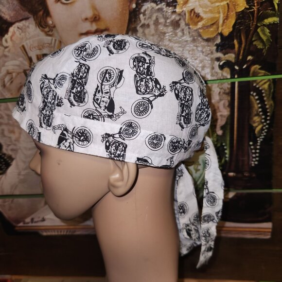 Motorcycle Print Cotton Scrub Head Wrap with Ties Unisex Scrub Cap Doo Rag - Picture 3 of 8